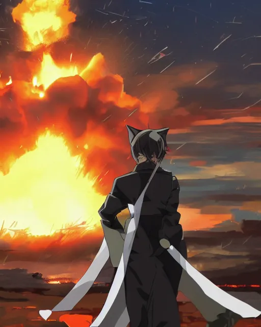 Image similar to a fox in a black trench - coat in front of a huge explosion in the middle of a war, style of anime