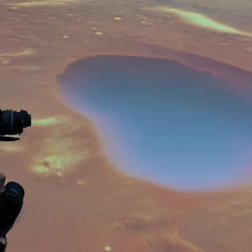 Prompt: A photorealistic picture of 2 hands in Mars holding a camera, about to take a shot of Olympus Mons