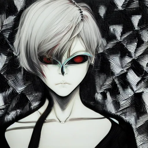 Image similar to Yoshitaka Amano style portrait of an anime girl with short white hair and eyepatch wearing suit with patterns, abstract black and white background, film grain effect, highly detailed, oil painting