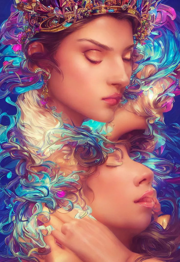 Image similar to beautiful, young woman, detailed gorgeous face, vaporwave aesthetic, synthwave, colorful, psychedelic, water droplets, feathers, crown, artstation, concept art, smooth, extremely sharp detail, finely tuned detail, ultra high definition, 8 k, unreal engine 5, ultra sharp focus, illustration, art by artgerm and greg rutkowski and alphonse mucha