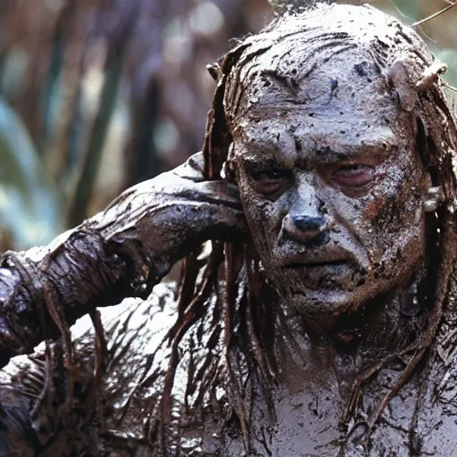 Prompt: film still of hungarian prime minister viktor orban as major dutch, covered in mud and hiding from the predator predator predator in swamp scene in 1 9 8 7 movie predator, hd, 4 k