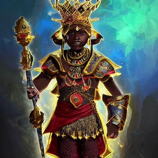 Image similar to a young black boy dressed like an african moorish warrior in gold armor and a crown with a ruby, and a very ornate glowing scimtar, for honor character digital illustration portrait design, by android jones in a psychedelic fantasy style, dramatic lighting, hero pose, wide angle dynamic portrait