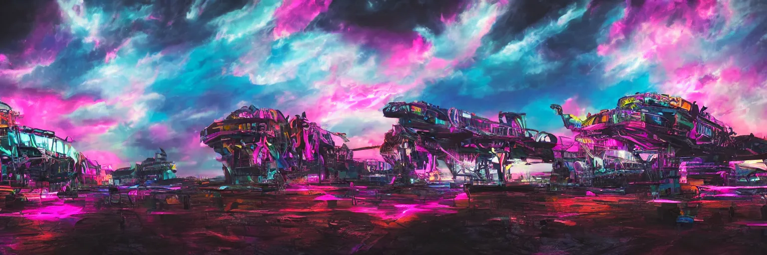 Image similar to spase dogs running with neon mohawks, space, dark, stars, pink, oil painting, pirate neon ship with punks on board, neon, rich deep colors masterpiece, ultra detailed, contrast, lots of roman arches, clouds, sky, volumetric light, atmospheric lighting, dramatic, cinematic, moody, octane render 4 k, 8 k