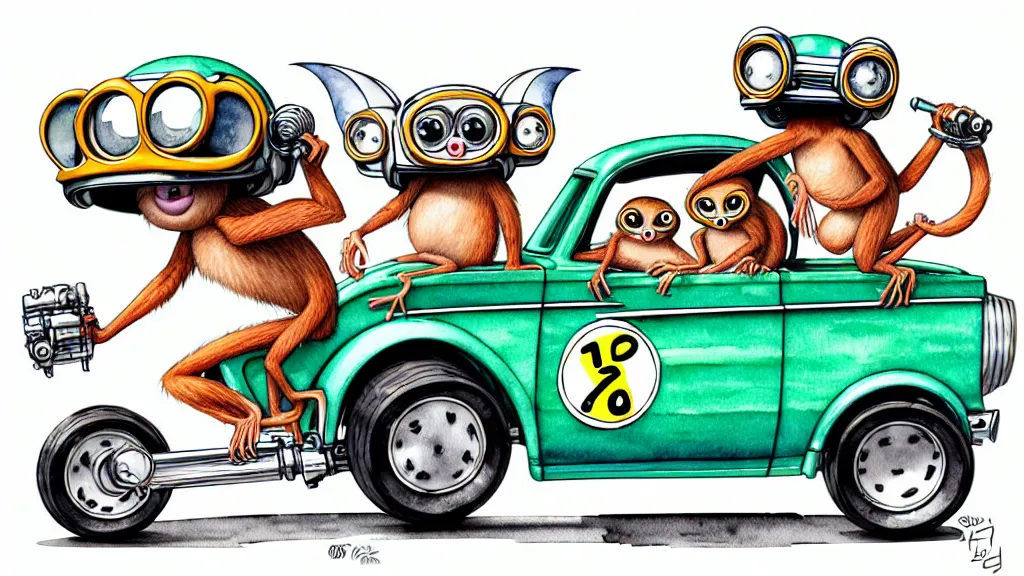 Image similar to cute and funny, tarsier wearing a helmet riding in a hot rod with oversized engine, ratfink style by ed roth, centered award winning watercolor pen illustration, isometric illustration by chihiro iwasaki, edited by range murata, tiny details by artgerm and watercolor girl, symmetrically isometrically centered