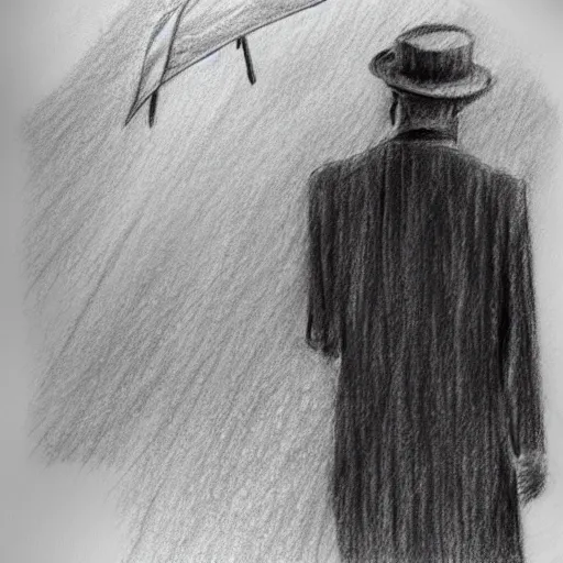 Image similar to a drawn man standing in the rain. pencil sketch.