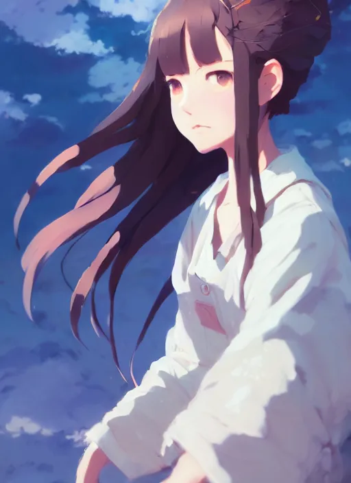 Image similar to portrait of cute girl, cloudy sky background lush landscape illustration concept art anime key visual trending pixiv fanbox by wlop and greg rutkowski and makoto shinkai and studio ghibli