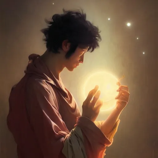 Image similar to A man drinking a cup of cosmic energy bright light, illustration by Ruan Jia and Mandy Jurgens and William-Adolphe Bouguereau, Artgerm, 4k, digital art, surreal, anime style, space dandy style, highly detailed, godsend, artstation, digital painting, concept art, smooth, sharp focus, illustration by Ruan Jia and Mandy Jurgens and William-Adolphe Bouguereau, Artgerm