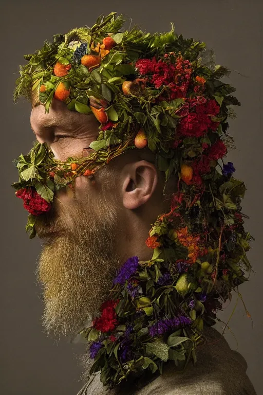 Image similar to a man's face in profile, long beard, made of flowers and fruit and nesting birds, in the style of the Dutch masters and Gregory crewdson, dark and moody
