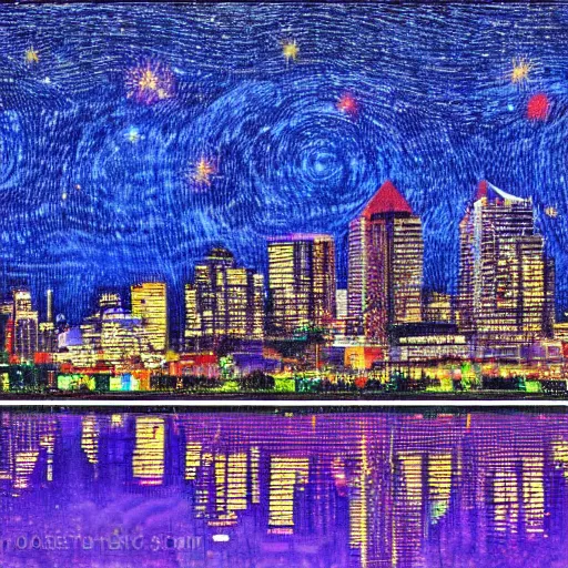 Image similar to calgary cityscape skyline in the style of starry nights