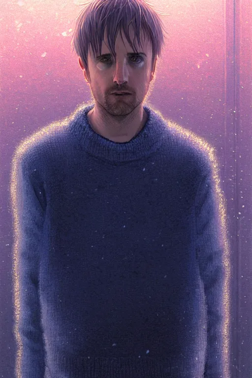 Image similar to portrait of jesse pinkman as sapphire herald in an elegant winter sweater, by makoto shinkai, by akihiko yoshida, by zdzislaw beksinski, by dariusz zawadzki, artbook, tone mapped, deep blues, shiny, soft lighting