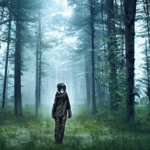 Image similar to stranger in mystical post apocalyptic forest