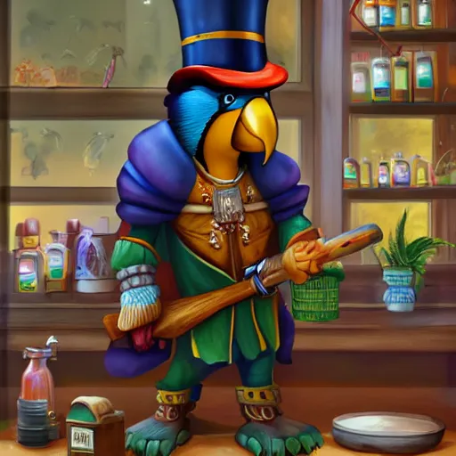 Image similar to Anthropomorphized parrot trader in his shop, medium shot, full body, items, weapons, magic potions, trinkets, carpet, lamps, window, fancy hat, sly expression, cunning expression, cute expression, long thick shiny black beak, D&D, fantasy, cinematic lighting, highly detailed, digital painting, artstation, concept art, smooth, sharp focus, illustration, warm light, cozy warm tint, magic the gathering artwork, volumetric lighting, 8k, art by Greg Rutkowski