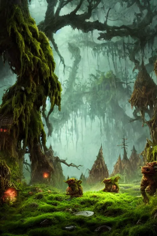 Image similar to a moss goblin village, dramatic lighting, cinematic, establishing shot, extremely high detail, foto realistic, cinematic lighting, post processed, concept art, high details, cinematic, 8k resolution, beautiful detailed, photorealistic, digital painting, artstation, concept art, smooth, sharp focus, artstation trending, octane render, unreal engine