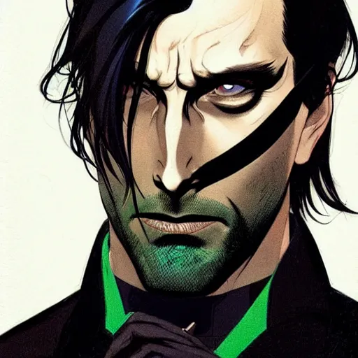 Image similar to Joshua Middleton comic art, wide shot, handsome elegant male Mads Mikkelson, spy, kabuki mask, beautiful evil sneer, symmetrical face, symmetrical eyes, leather clothing and boots, long straight green black hair, full body, Indigo occult pattern