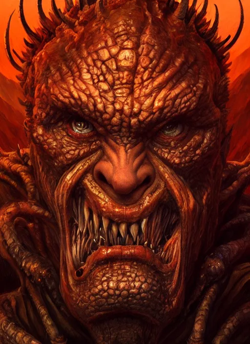 Image similar to close up portrait of a monster in the mountains of hell, oil painting by tomasz jedruszek, cinematic lighting, pen and ink, intricate line, hd, 4 k, million of likes, trending on artstation