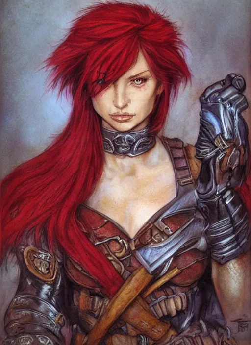 Image similar to portrait of strong female ranger, beautiful! coherent! dungeons and dragons character, by brian froud, strong line, deep color, leather armor, short red hair, high contrast