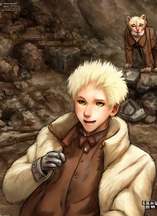 Image similar to character portrait of a (((anthro))) albino mountain lion wearing miner's clothes at the mines. hidari, color page, tankoban, 4K, tone mapping, Akihiko Yoshida.