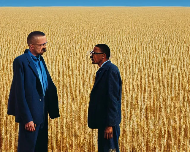 Prompt: walter white and gustavo fring facing each other in a wheat field, long shot, side view, 3 5 mm photograph, 8 k resolution, wide shot, sharp lens