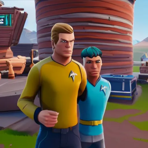 Prompt: Captain James T. Kirk and Spock hugging in fortnite