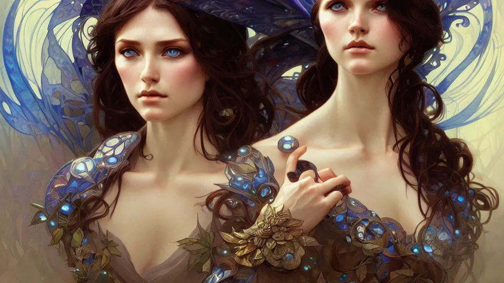 Image similar to Portrait of fairy woman, D&D, blue eyes, face, fantasy, intricate, elegant, highly detailed, digital painting, artstation, concept art, smooth, sharp focus, illustration, art by artgerm and greg rutkowski and alphonse mucha