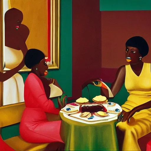 Image similar to dark skinned people eating at a regal buffet ultra detailed beautiful setting elegant event nigerian party minimalist gold ornaments iridescent 3d abstract lighting glamour in the style of edward hooper and henri matisse yinka shonibare oil painting