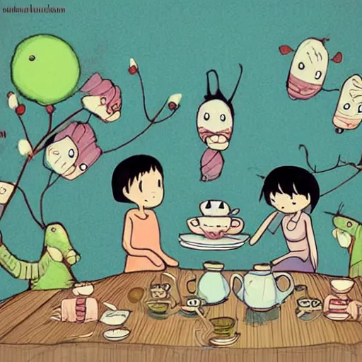 Image similar to tiny imaginary creatures having tea party inside a humans beard. in a style of hayao miyazaki.