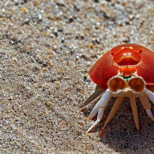 Image similar to Detailed 4k photo of a Hermit crab with a curly mustache on the beach, afternoon