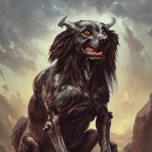 Prompt: a portrait of cerberus, gatekeeper of hell, greek mythology, hades, hyper realistic, very detailed, in the style of greg rutkowski