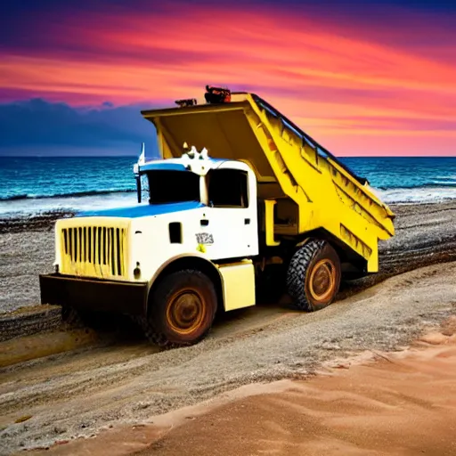 Image similar to a mining dump truck chilling on the beach, sunset