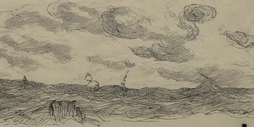 Image similar to a windy day, yellowed paper, pen and ink, 1 5 0 0 s, 8 k resolution