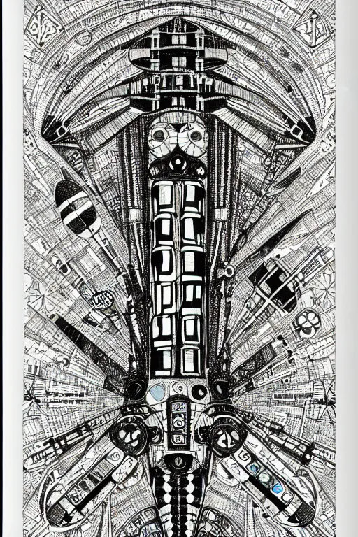 Prompt: a black and white drawing of an international space station, bioluminescence, a detailed mixed media collage by eduardo paolozzi and ernst haeckel, intricate linework, sketchbook psychedelic doodle comic drawing, geometric, deconstructivism, matte drawing, academic art, constructivism