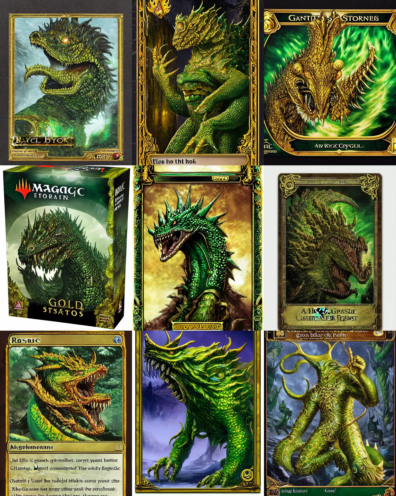 Image similar to a giant monster epic royal stone basilisk, gold green creature, magic : the gathering