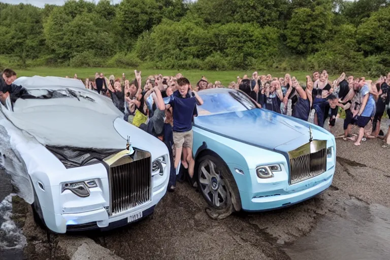 Image similar to Group of teenagers push Rolls-Royce into lake with their hands from a small slide wanting to drown him