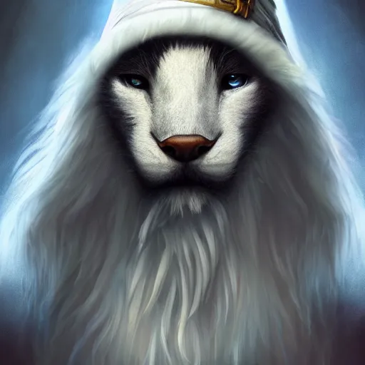 Image similar to portrait of a white panter with a very long fur and wizard hat, fantasy, trending on artstation, heroic pose, illustration, highly detailed, simple, 8k