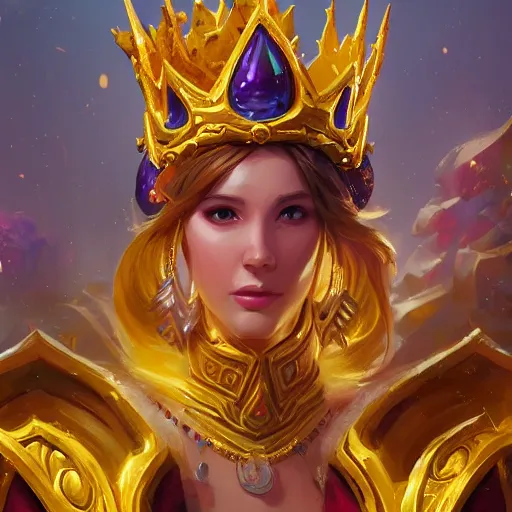 Prompt: a golden majestic crown with gemstone carved into it, floating crown, yellow magic theme, bright art masterpiece artstation. 8 k, sharp high quality artwork in style of jose daniel cabrera pena and greg rutkowski, concept art by tooth wu, blizzard warcraft artwork, hearthstone card game artwork, the crown