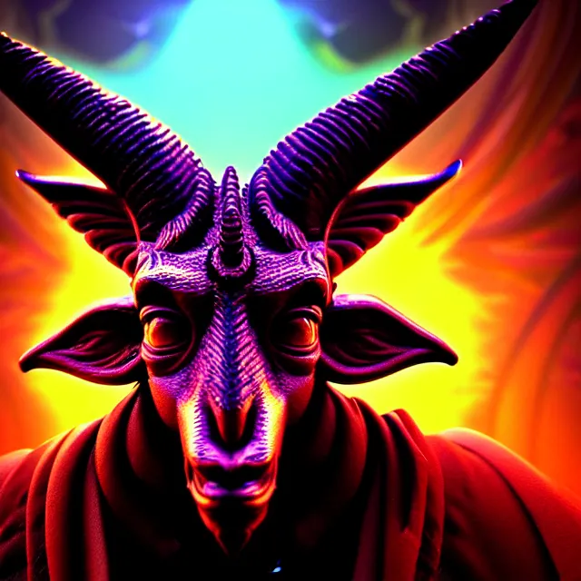 Image similar to Beautiful closeup portrait 3d render of the illuminati Baphomet, face portrait, atmospheric lighting, painted, intricate, volumetric lighting, beautiful, rich deep colors masterpiece, sharp focus, ultra detailed, in the style of Dan Mumford and marc simonetti, with a clear crowded futuristic cyberpunk city in the background, astrophotography