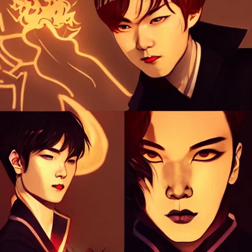 Image similar to MIN YOONGI is ZUKO, night time, dynamic lighting , looking at his FIRE SCAR reflection, +++ super super super dynamic posing, j.c. leyendecker, Valentina Remenar, thick eyebrows, super serious facial expression