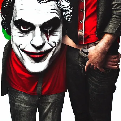 Image similar to mimmo rottela and banksy as joaquin phoenix skinny joker holding hand lady gaga harley queen, photorealistic, intricate details, pop art style, concept art, confident, love, random object movement, 3 colors, 4 k, 4 d, ultra smooth, sharp focus