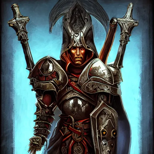 Image similar to portrait of a crusader in the style of Diablo, fighting demons, consecration