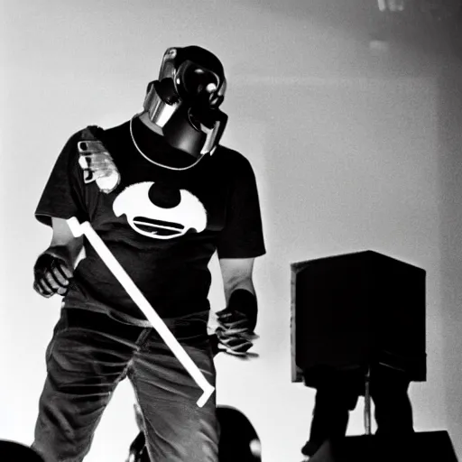 Prompt: mf doom, Victor Vaughn on stage performing curls from madvillany