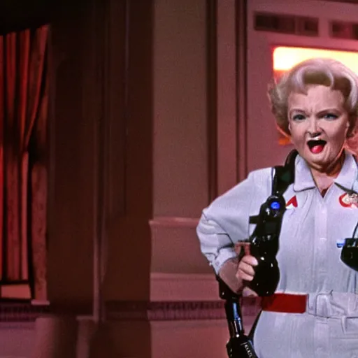 Image similar to stunning awe inspiring betty white as a ghostbuster in the movie ghostbusters, movie still 8 k hdr atmospheric lighting