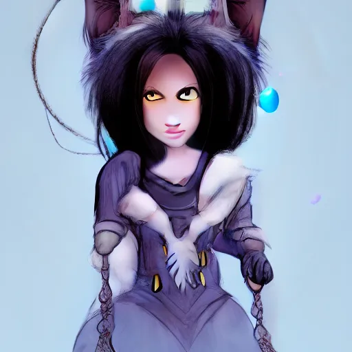 Image similar to headshot of young female furry, D&D, cute, fantasy, intricate, long hair, dark grey skin, mouse face, mouse nose, dark skin, mouse head, mouse ears, black hair, elegant, highly detailed, cartoony, artstation, concept art, smooth, sharp focus, illustration, art by Diives