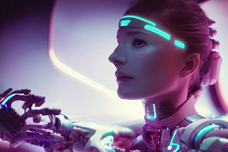 Prompt: VFX movie of a futuristic cyborg spacewoman gorgeous closeup portrait in high tech spaceship, beautiful natural skin neon lighting by Emmanuel Lubezki