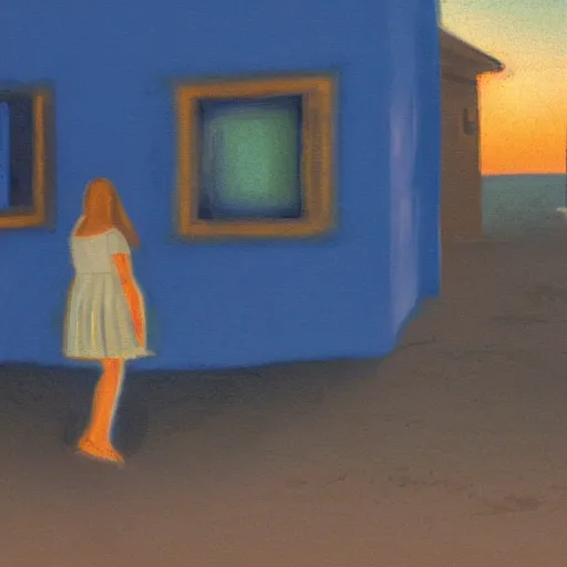 Prompt: a woman facing a blue interdimensional portal on the street, which shows a beach at sunset, rutkowski, fantasy