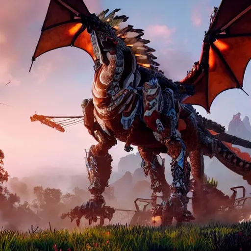 Prompt: cinematic still of horizon zero dawn, intact si - fi robotic fantasy dragon, highly detailed