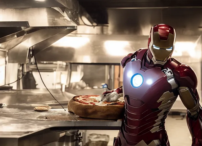 Image similar to film still of Ironman working in a pizza parlor making pizza in the new Avengers movie, 4k