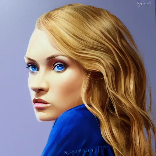 Prompt: portrait of a woman, blonde hair, blue eyes, white dress, elegant, highly detailed, perfect face, trending on artstation, concept art, professional illustration, rutkowski