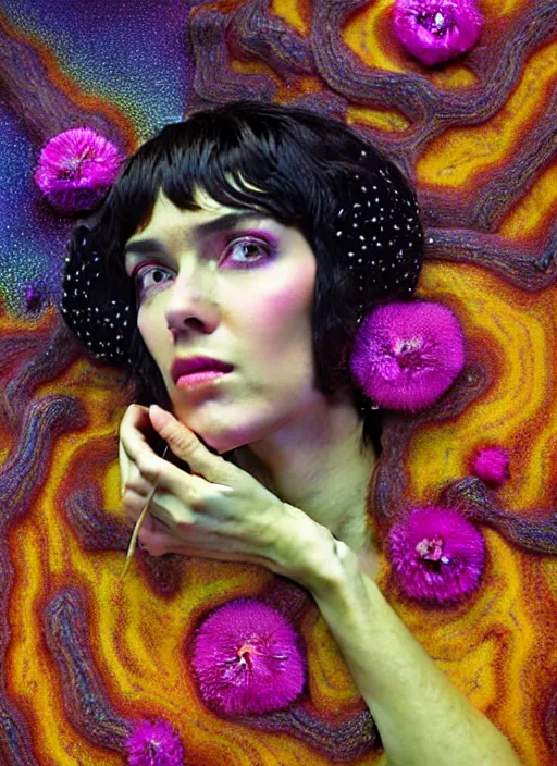 Prompt: hyper detailed 3d render like a Oil painting - Ramona Flowers with black hair in thick mascara seen Eating of the Strangling network of colorful yellowcake and aerochrome and milky Fruit and Her delicate Hands hold of gossamer polyp blossoms bring iridescent fungal flowers whose spores black the foolish stars by Jacek Yerka, Mariusz Lewandowski, Houdini algorithmic generative render, Abstract brush strokes, Masterpiece, Edward Hopper and James Gilleard, Zdzislaw Beksinski, Mark Ryden, Wolfgang Lettl, Dan Hiller, hints of Yayoi Kasuma, octane render, 8k