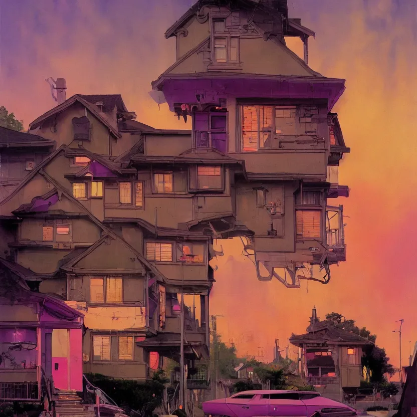 Image similar to a suburban neighborhood with deep pink, purple, and orange glowing clouds. misty atmosphere. highly detailed science fiction painting by norman rockwell, frank frazetta, and syd mead. rich colors, high contrast, gloomy atmosphere, dark background. trending on artstation.