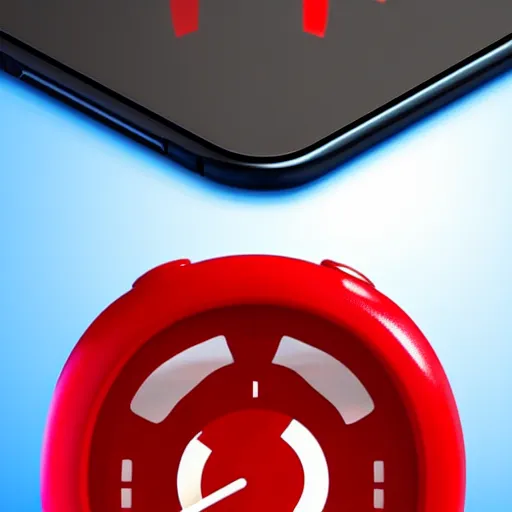 Image similar to Very tiny red alarm clock that looks like the iOS emoji and has the same colors, 3D clay render, 4k UHD, white background, isometric top down left view, diffuse lighting, zoomed out very far